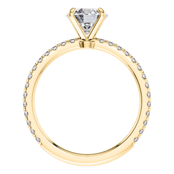 Elegant 4 Claw 18ct yellow Gold Round Brilliant Engagement Ring with Diamond Sides .