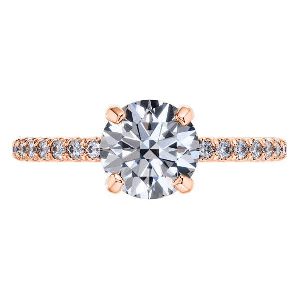 Elegant 4 Claw 18ct Rose Gold Round Brilliant Engagement Ring with Diamond Sides .