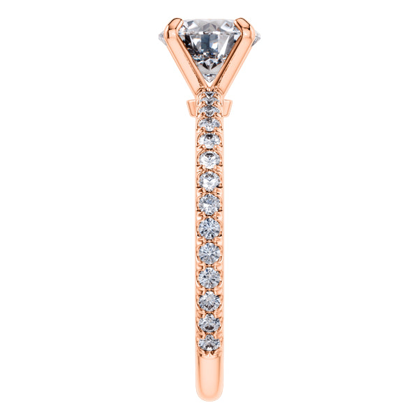 Elegant 4 Claw 18ct Rose Gold Round Brilliant Engagement Ring with Diamond Sides .