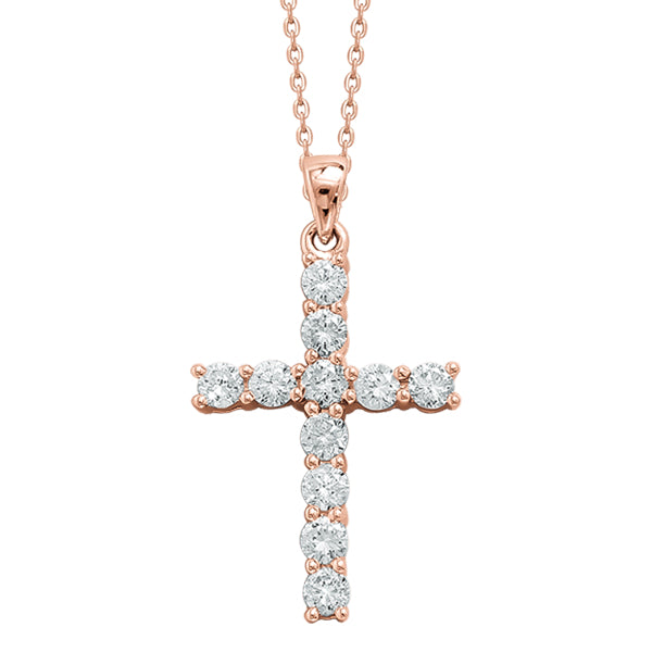 18k Rose gold cross, claw set round brilliant diamonds