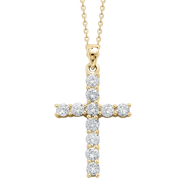 18k Yellow gold cross, claw set round brilliant diamonds