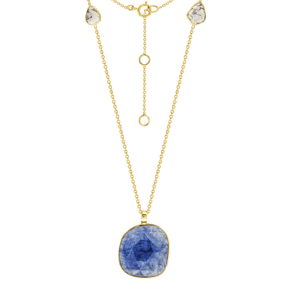 Stylish Blue Sapphire & Slice of Diamond Necklace in 18ct Yellow Gold