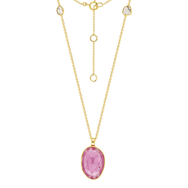 Stylish Rose Cut Ruby & Slice of Diamond Necklace in 18ct Yellow Gold