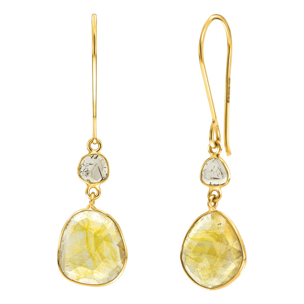 Yellow Sapphire & Slice of Diamond Drop Earrings in 18ct Yellow Gold