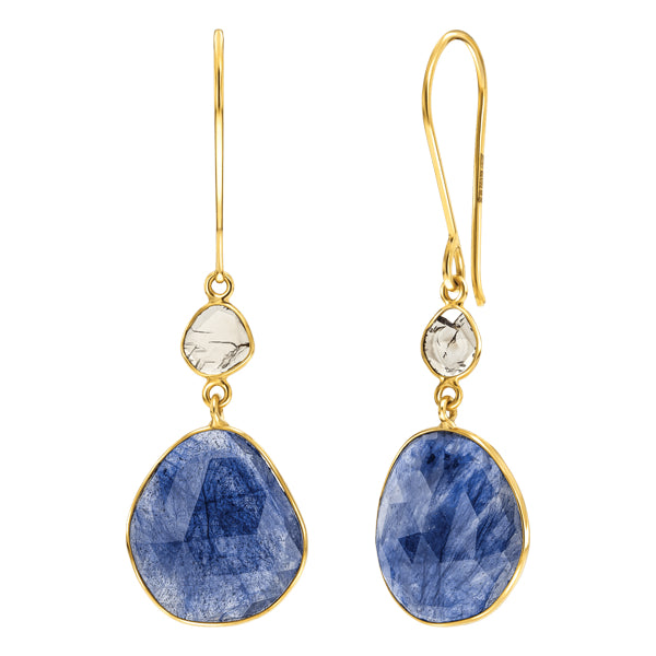 Blue Sapphire & Slice of Diamond Drop Earrings in 18ct Yellow Gold