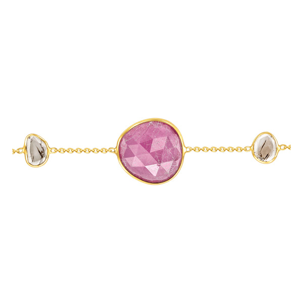 Stylish Rose Cut Ruby with Slice of Diamond Bracelet in 18ct Yellow Gold