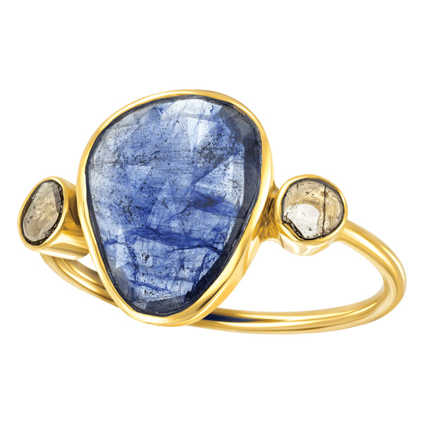 Rose Cut Blue Sapphire with Slice of Diamond Ring in 18ct Yellow Gold