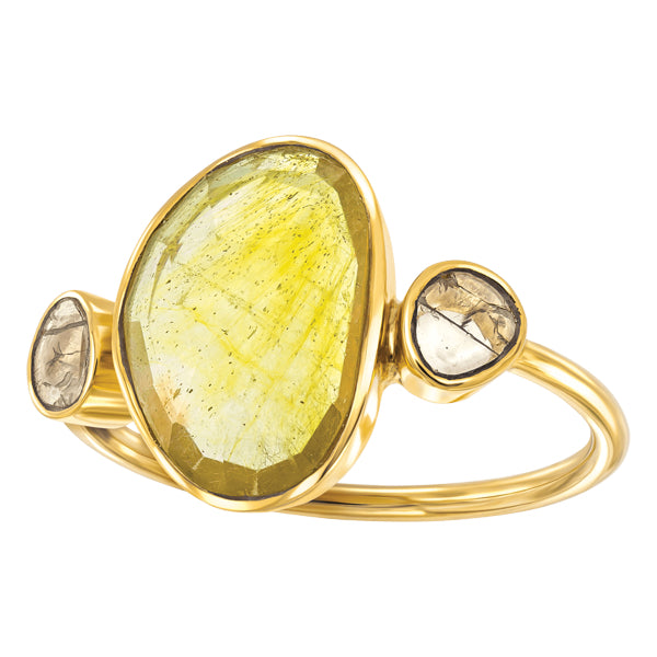 Rose Cut Yellow Sapphire with Slice of Diamond Ring in 18ct Yellow Gold