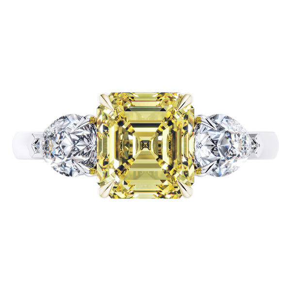 GIA Certified Fancy Vivid Yellow Diamond 3 Stone Engagement Ring set in Platinum