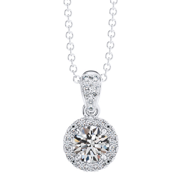 Round Brilliant Diamond Halo Pendant & Chain in 18ct White Gold