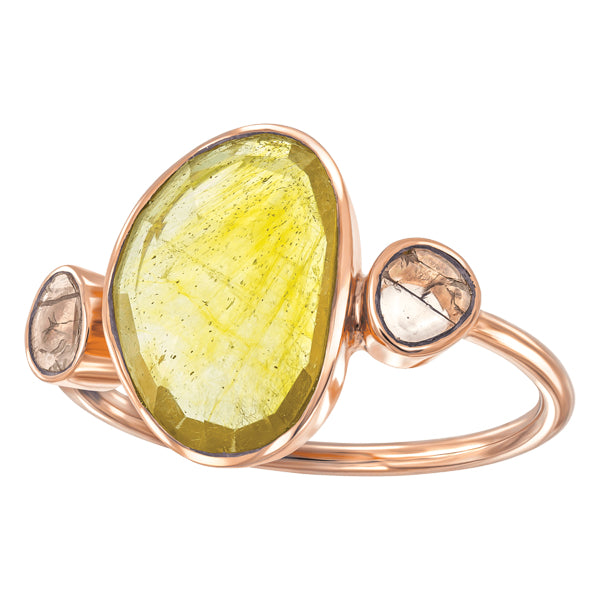 Rose Cut Yellow Sapphire with Slice of Diamond Ring in 18ct Rose Gold