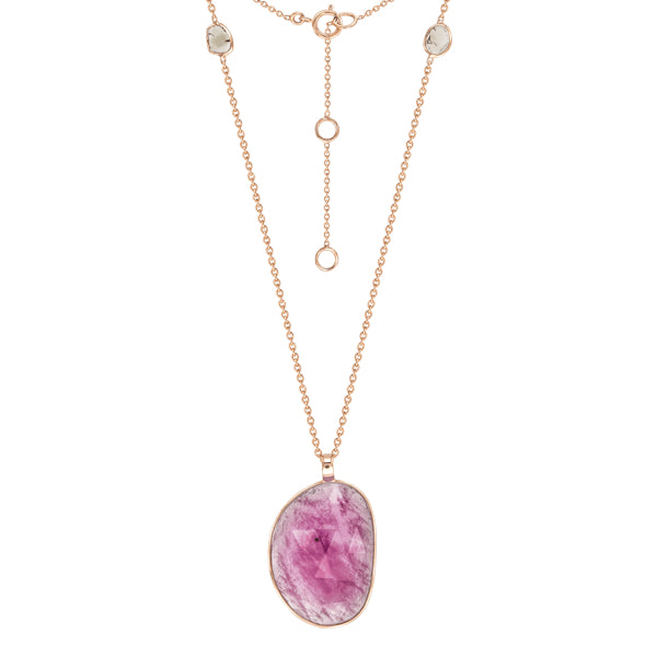 Stylish Rose Cut Ruby & Slice of Diamond Necklace in 18ct Rose Gold