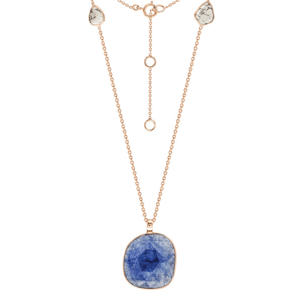 Stylish Blue Sapphire & Slice of Diamond Necklace in 18ct Rose Gold