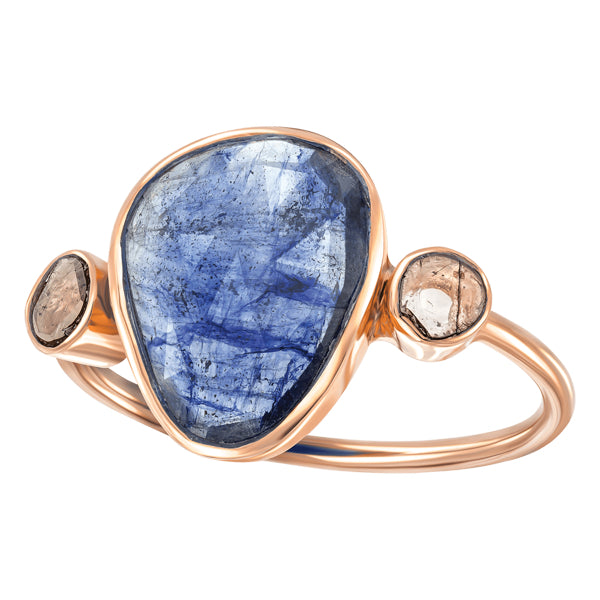 Rose Cut Blue Sapphire with Slice of Diamond Ring in 18ct Rose Gold